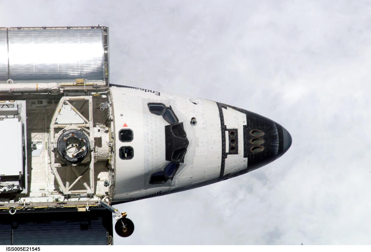 ISS005-E-21545 (25 November 2002) --- The forward section and part of the cargo bay of the Space Shuttle Endeavour were photographed by an Expedition Five crewmember aboard the International Space Station (ISS) during STS-113 rendezvous and docking operations. Docking occurred at 3:59 p.m. (CST) on November 25, 2002.