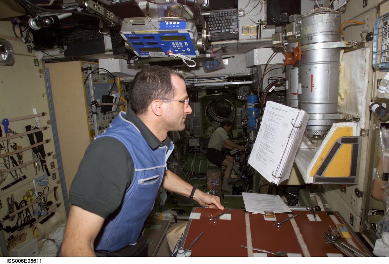 ISS006-E-08611 (18 December 2002) --- Astronaut Donald R. Pettit, Expedition Six NASA ISS science officer, looks over a procedures checklist in the Zvezda Service Module (SM) on the International Space Station (ISS). Pettit went on to complete the scheduled Week 3 potable water sampling and on-orbit chemical/microbial analysis of the SM environment control and life support system.