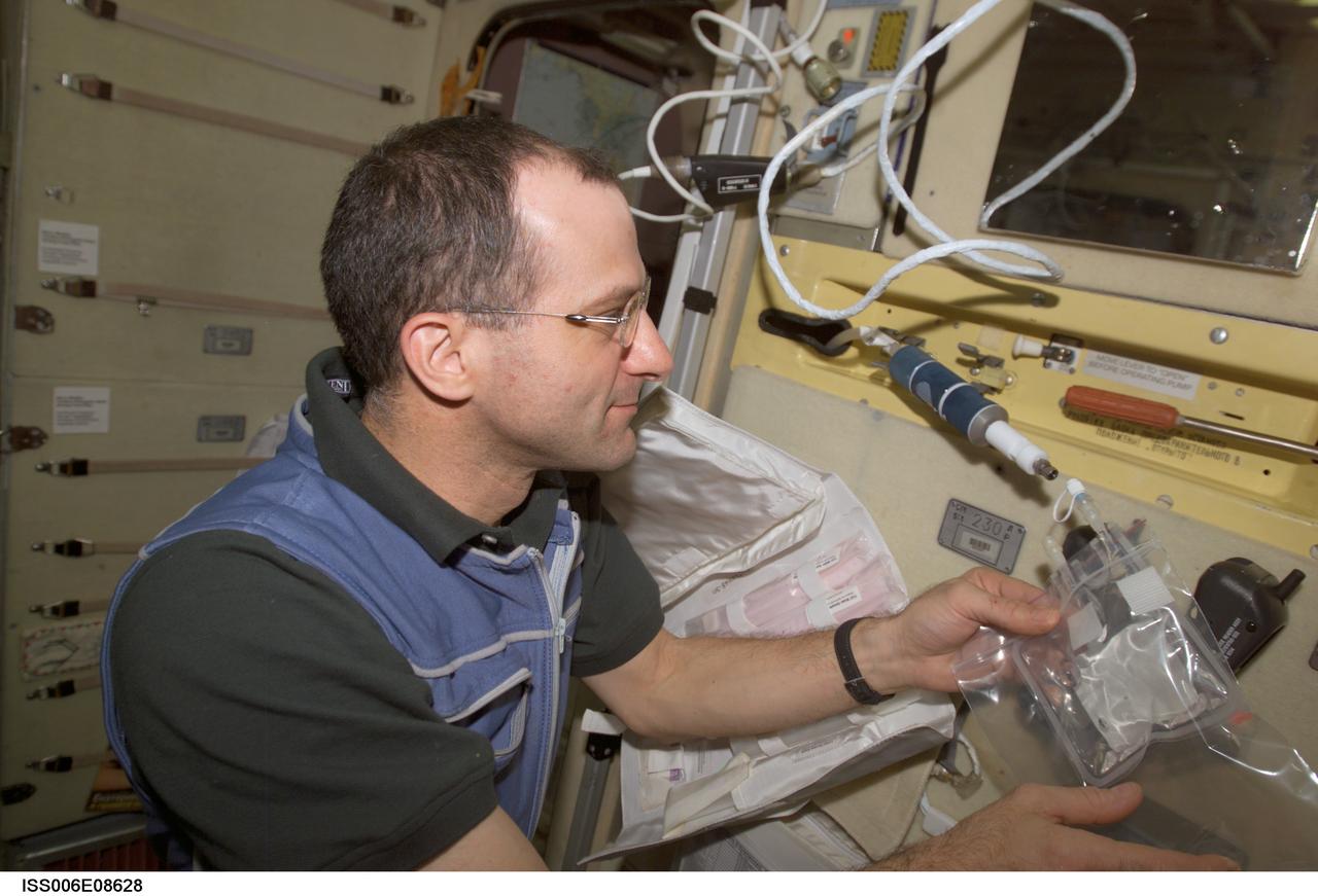 ISS006-E-08628 (18 December 2002) --- Astronaut Donald R. Pettit, Expedition Six NASA ISS science officer, is pictured in the Zvezda Service Module on the International Space Station (ISS) during the scheduled Week 3 potable water sampling and on-orbit chemical/microbial analysis of the SM environment control and life support system.