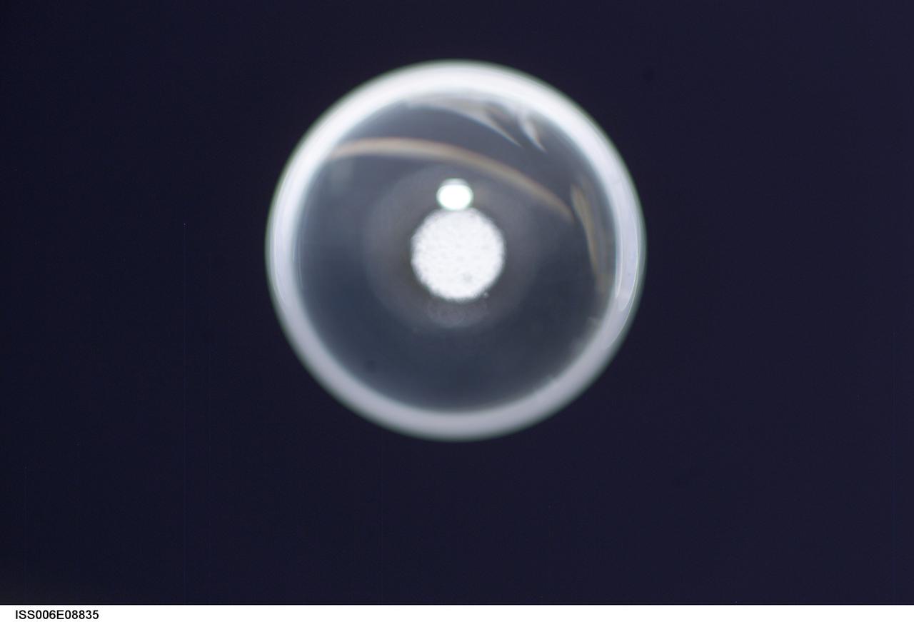 ISS006-E-08835 (14 December 2002) --- View of a bubble formed as a result of a Zeolite Crystal Growth (ZCG) experiment in the Destiny laboratory on the International Space Station (ISS). Expedition Six Commander Kenneth D. Bowersox used a Space Station drill to mix 12 Zeolite samples in clear tubes. Scientists on the ground watching on TV noticed bubbles in the samples. Bowersox used a modified mixing procedure to process autoclaves to isolate bubbles.  He re-inserted the samples in the ZCG furnace in Express Rack 2 in the U.S. laboratory/Destiny. This experiment has shown that the bubbles could cause larger number of smaller deformed crystals to grow. Bowersox rotated the samples so that the heavier fluid was thrown to the outside while the lighter bubbles stayed on the inside.