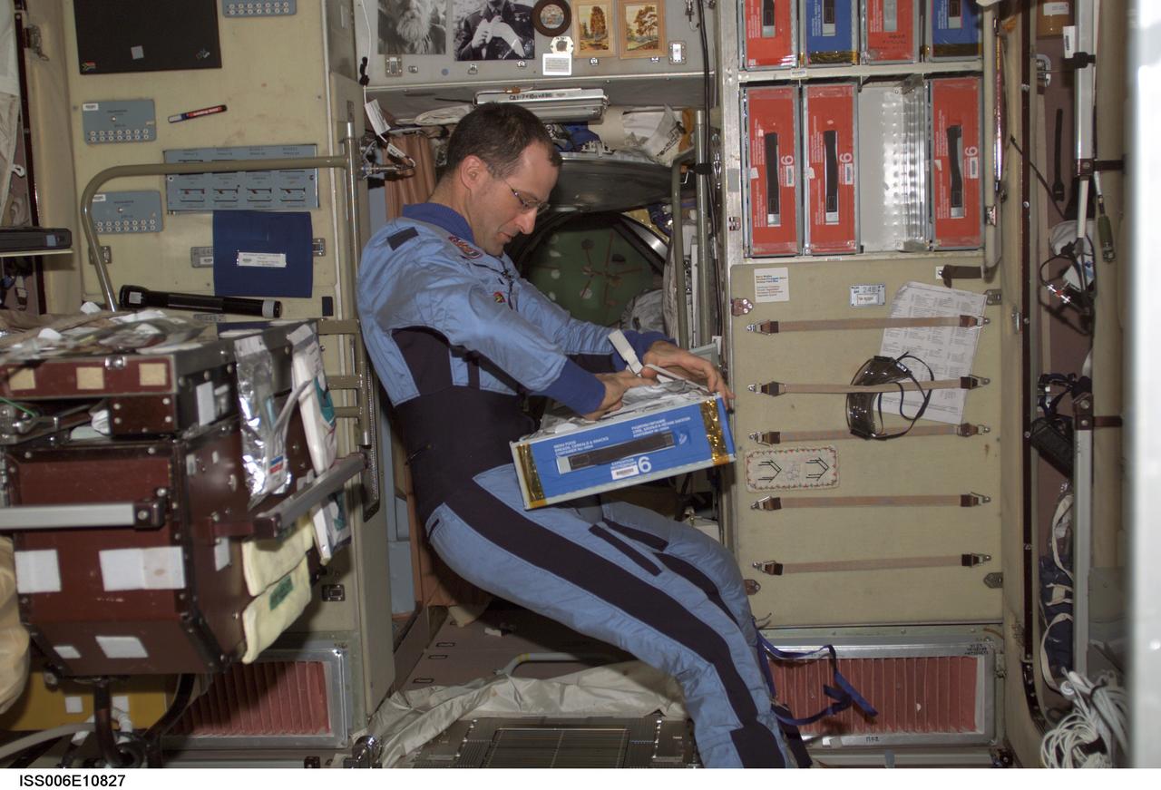 ISS006-E-10827 (19 December 2002) --- Astronaut Donald R. Pettit, Expedition Six NASA ISS science officer, works in the Zvezda Service Module on the International Space Station (ISS).