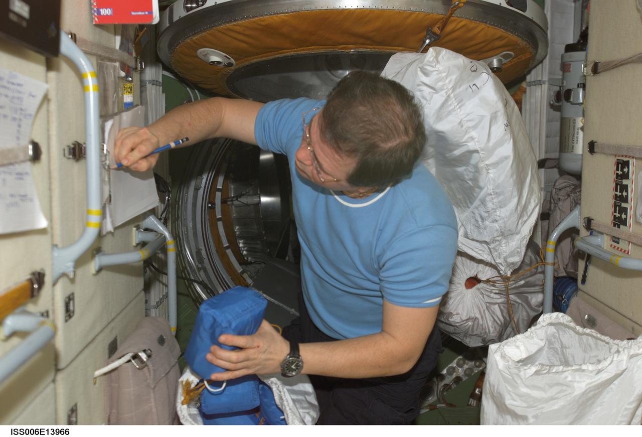 ISS006-E-13966 (2 January 2003) --- Cosmonaut Nikolai M. Budarin, Expedition Six flight engineer, takes inventory of equipment in the functional cargo block (FGB), or Zarya, on the International Space Station (ISS). Budarin represents Rosaviakosmos.