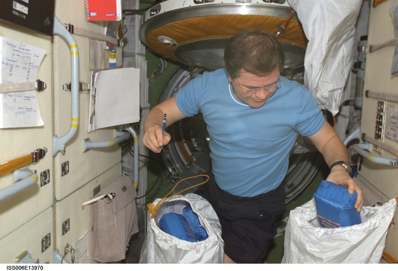 ISS006-E-13970 (2 January 2003) --- Cosmonaut Nikolai M. Budarin, Expedition Six flight engineer, takes inventory of equipment in the functional cargo block (FGB), or Zarya, on the International Space Station (ISS). Budarin represents Rosaviakosmos.
