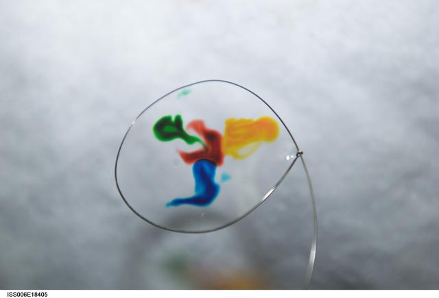 NASA image: Surface Tension Demonstration using Water and Food Coloring in the U.S. Laboratory