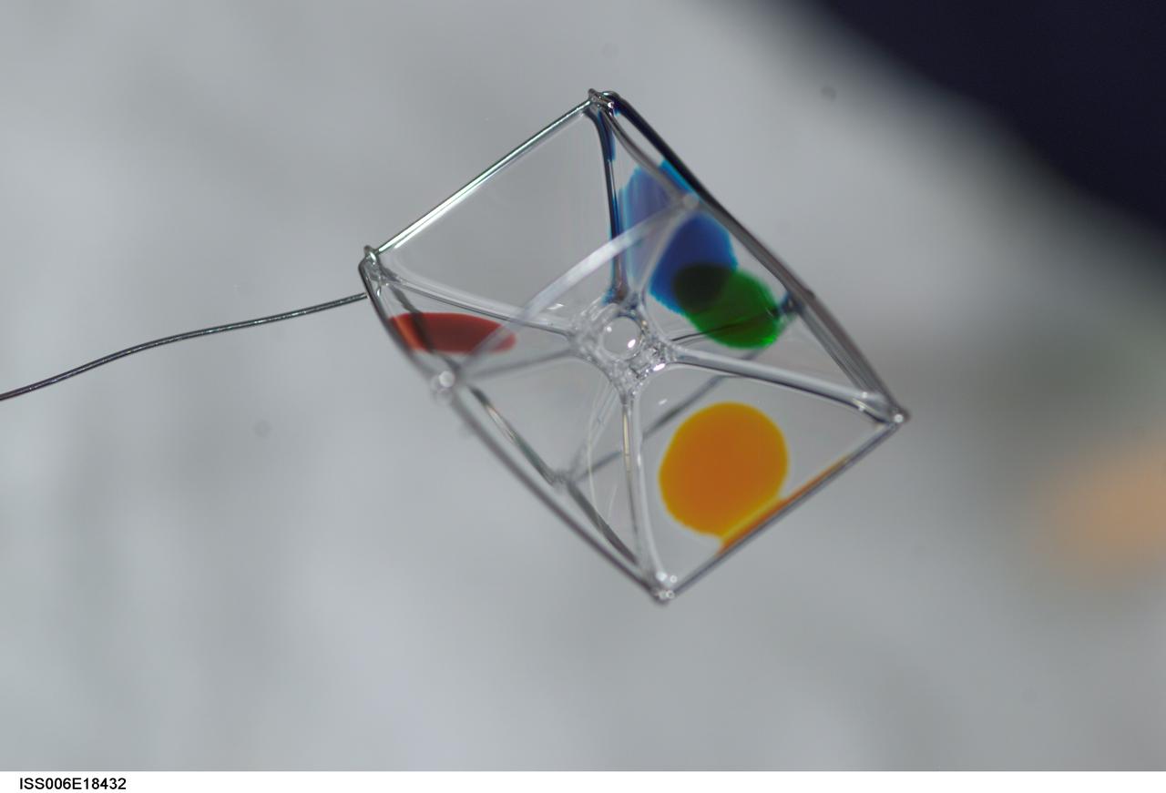 ISS006-E-18432 (19 January 2003) --- View of surface tension demonstration using water that is being held in place by a metal loop. Food coloring has been added to the water for demonstration purposes only. Astronaut Donald R. Pettit, Expedition Six NASA ISS science officer, photographed these demonstrations for educational purposes. The experiment took place in the Destiny laboratory on the International Space Station (ISS).