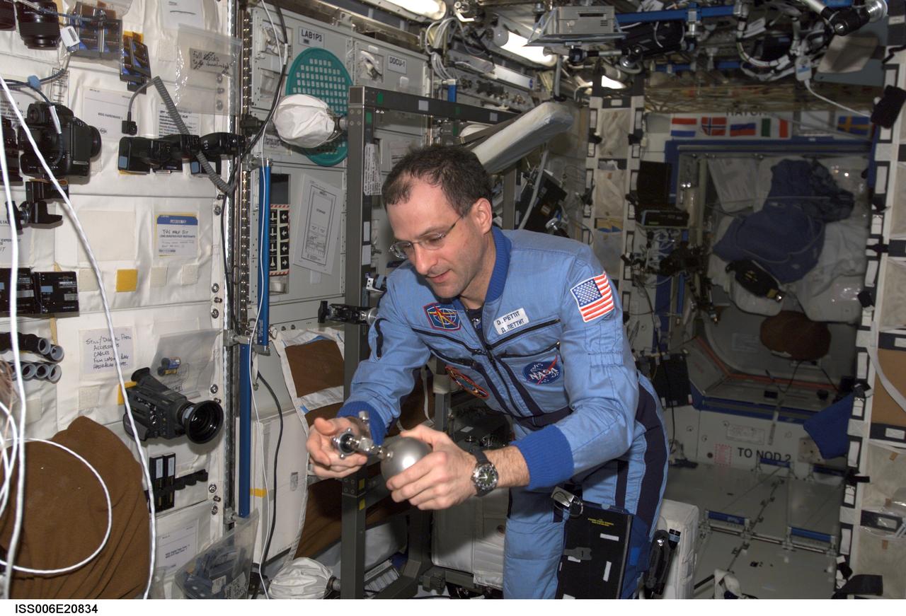 ISS006-E-20834 (22 January 2003) --- Astronaut Donald R. Pettit, Expedition Six NASA ISS science officer, holds a Grab Sample Container (GSC) in the Destiny laboratory on the International Space Station (ISS). GSC is used for collecting air samples as part of ISS environmental monitoring.