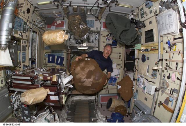 NASA image: Bowersox moves stowage bags from the Progress to Zvezda during Expedition Six