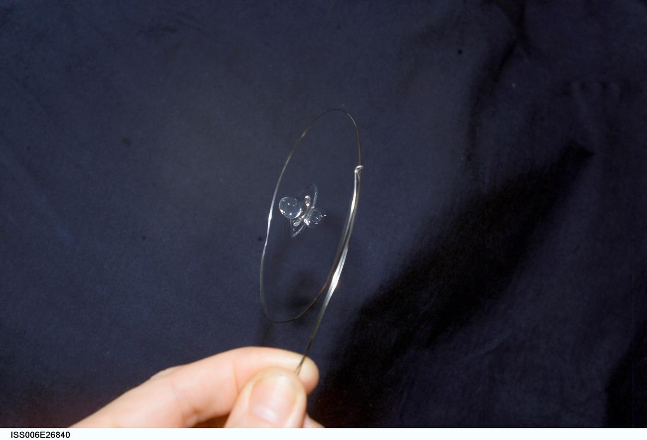 ISS006-E-26840 (16 February 2003) --- View of surface tension demonstration using water that is being held in place by a metal loop. Astronaut Donald R. Pettit, Expedition Six NASA ISS science officer, photographed these demonstrations for educational purposes. The experiment took place in the Destiny laboratory on the International Space Station (ISS).