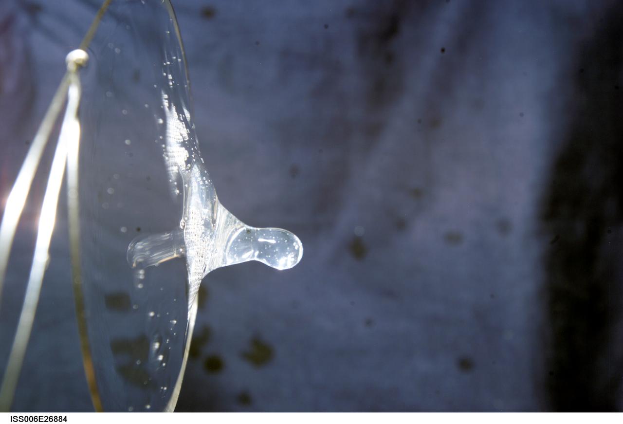 ISS006-E-26884 (16 February 2003) --- View of surface tension demonstration using water that is being held in place by a metal loop. Astronaut Donald R. Pettit, Expedition Six NASA ISS science officer, photographed these demonstrations for educational purposes. The experiment took place in the Destiny laboratory on the International Space Station (ISS).