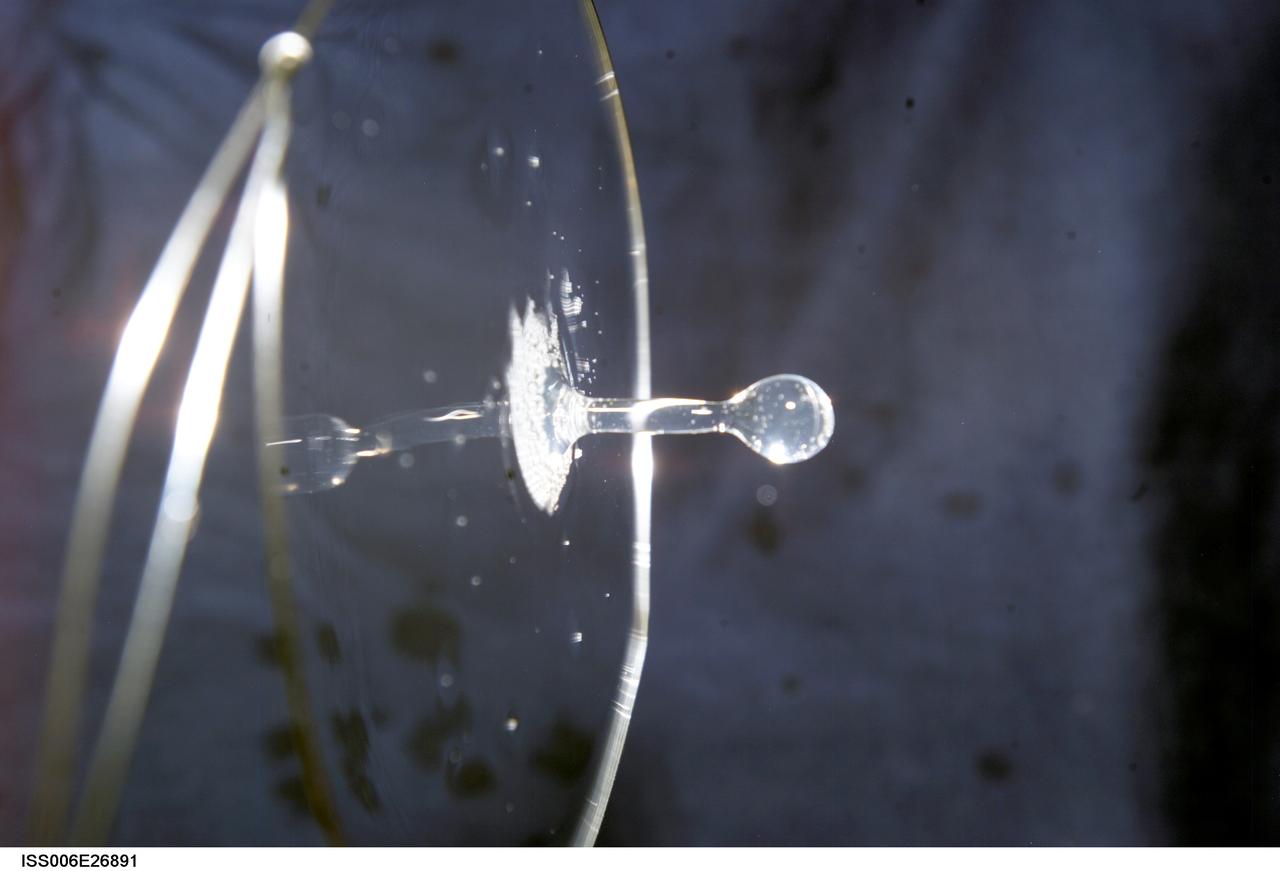 ISS006-E-26891 (16 February 2003) --- View of surface tension demonstration using water that is being held in place by a metal loop. Astronaut Donald R. Pettit, Expedition Six NASA ISS science officer, photographed these demonstrations for educational purposes. The experiment took place in the Destiny laboratory on the International Space Station (ISS).