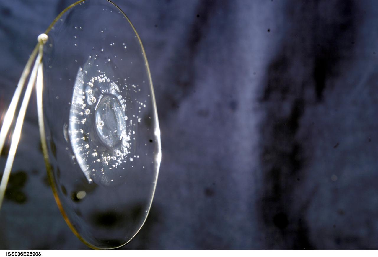 ISS006-E-26908 (16 February 2003) --- View of surface tension demonstration using water that is being held in place by a metal loop. Astronaut Donald R. Pettit, Expedition Six NASA ISS science officer, photographed these demonstrations for educational purposes. The experiment took place in the Destiny laboratory on the International Space Station (ISS).