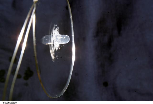 NASA image: View of a surface tension demonstration using water that is being held in place by a 50mm metal loop