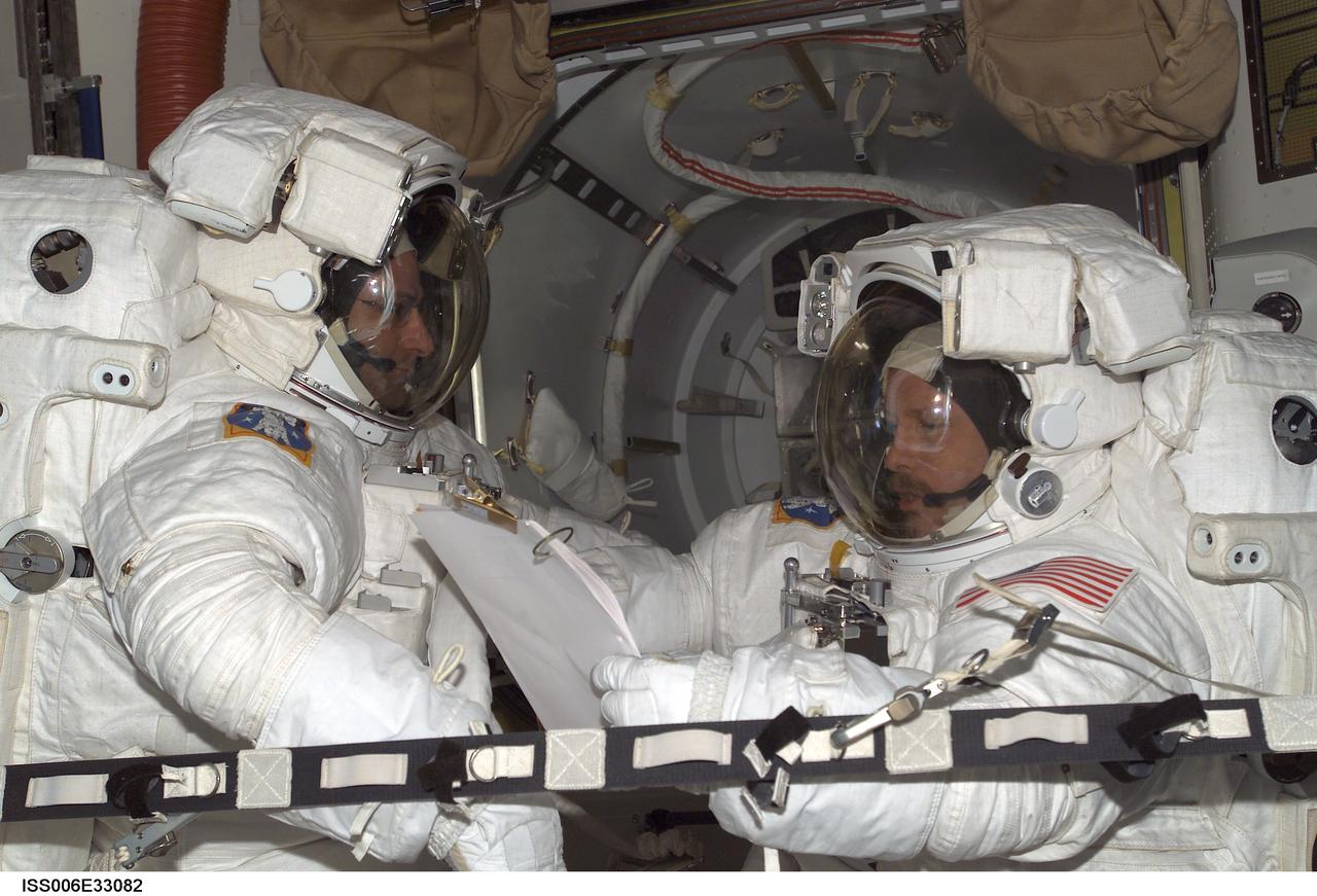 ISS006-E-33082 (24 February 2003) --- Astronauts Kenneth D. Bowersox (right) and Donald R. Pettit, Expedition Six mission commander and NASA ISS science officer, respectively, participate in a scheduled extravehicular activity (EVA) development test objective (DTO) in the Quest Airlock on the International Space Station (ISS). The test demonstrated the ability of two crewmembers to safely get into the American Extravehicular Mobility Unit (EMU) spacesuit without the assistance of a third crewmember; that ability is a prerequisite to sending smaller crews to ISS while the space shuttle fleet remains grounded during the investigation of the Columbia accident. Bowersox and Pettit helped each other into their EMU spacesuits, donned jet backpacks called Simplified Aid for EVA Rescue (SAFER), set up the necessary equipment for a pre-breathe of oxygen to purge nitrogen from their bloodstreams, and then got out of the spacesuits.