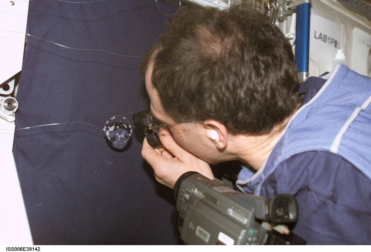 ISS006-E-39142 (12 March 2003) --- Astronaut Donald R. Pettit, Expedition Six NASA ISS science officer, looks closely at a water bubble within a 50-millimeter metal loop. The experiment took place in the Destiny laboratory on the International Space Station (ISS).