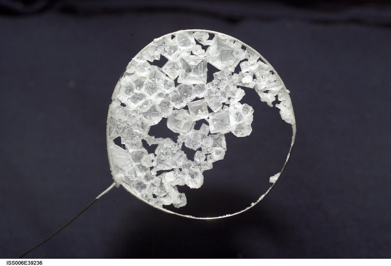 ISS006-E-39236 (14 March 2003) --- A view of sodium chloride crystals in a water bubble within a 50-millimeter metal loop was photographed by an Expedition Six crewmember. The experiment took place in the Destiny laboratory on the International Space Station (ISS).