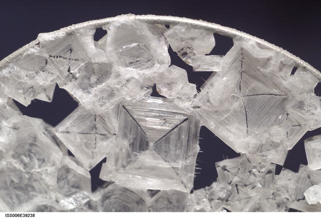 NASA image: Close-up view of Sodium Chloride crystals in a water bubble on Expedition Six.