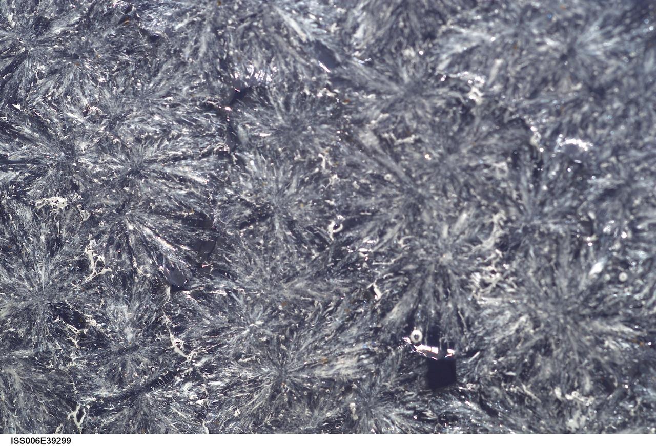 ISS006-E-39299 (15 March 2003) --- A close up view of sugar crystals in a water bubble within a 50-millimeter (mm) metal loop was photographed by an Expedition Six crewmember. The experiment took place in the Destiny laboratory on the International Space Station (ISS).