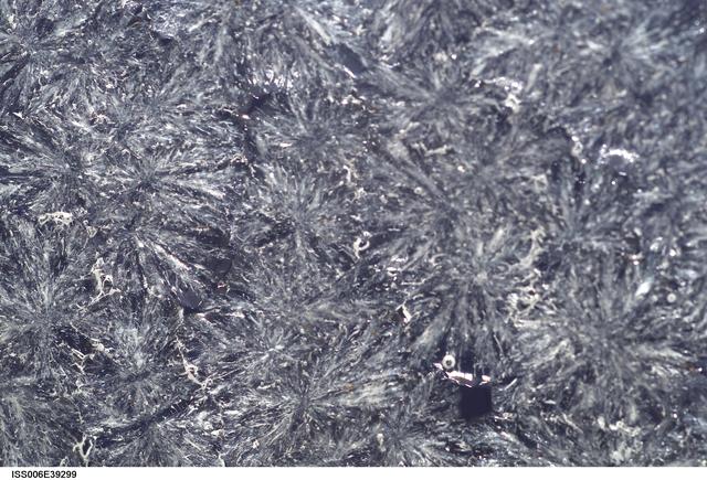 NASA image: Close-up view of sugar crystals in a water bubble within a metal loop on Expedition Six