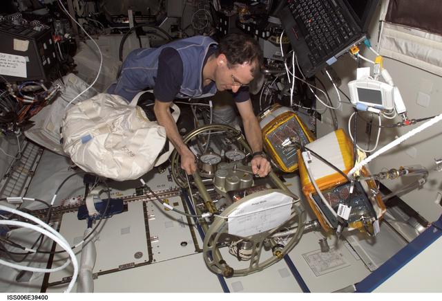 NASA image: Flight Engineer Donald R. Pettit making a valve adjustment to the FCPA
