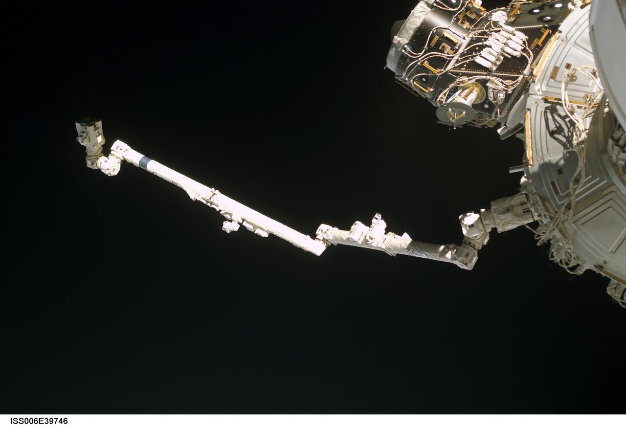 ISS006-E-39746 (19 March 2003) --- Backdropped against the blackness of space, the Space Station Remote Manipulator System (SSRMS) or Canadarm2 is pictured in this digital still camera&#0146;s view taken from the International Space Station (ISS).