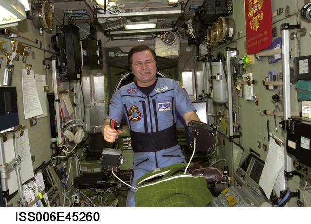 ISS006-E-45260 (20 March 2003) --- Cosmonaut Nikolai M. Budarin, Expedition Six flight engineer, is pictured in the Zvezda Service Module on the International Space Station (ISS). Budarin represents Rosaviakosmos.