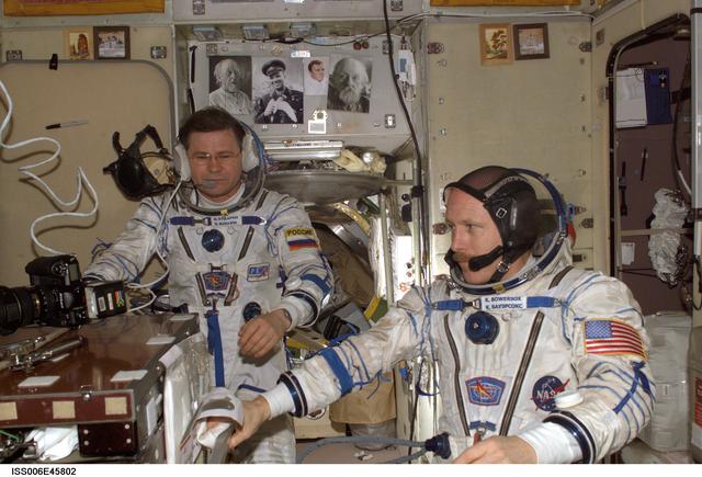 NASA image: Budarin and Bowersox wearing Russian Sokol suits in the Soyuz Spacecraft during Expedition Six