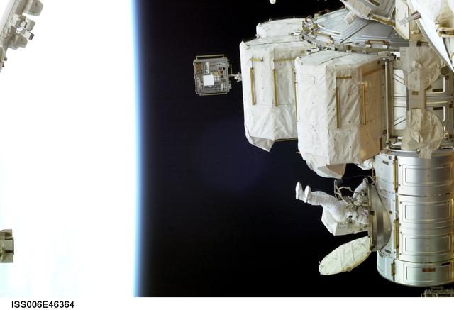 NASA image: View of Flight Engineer Donald R. Pettit emerging from the Quest/Airlock to perform tasks