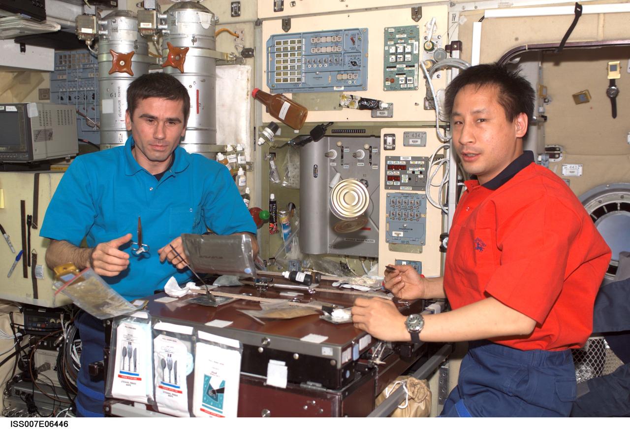 ISS007-E-06446 (7 June 2003) --- Cosmonaut Yuri I. Malenchenko (left), Expedition 7 mission commander, and astronaut Edward T. Lu, NASA ISS science officer and flight engineer, share a meal in the Zvezda Service Module on the International Space Station (ISS). Malenchenko represents Rosaviakosmos.