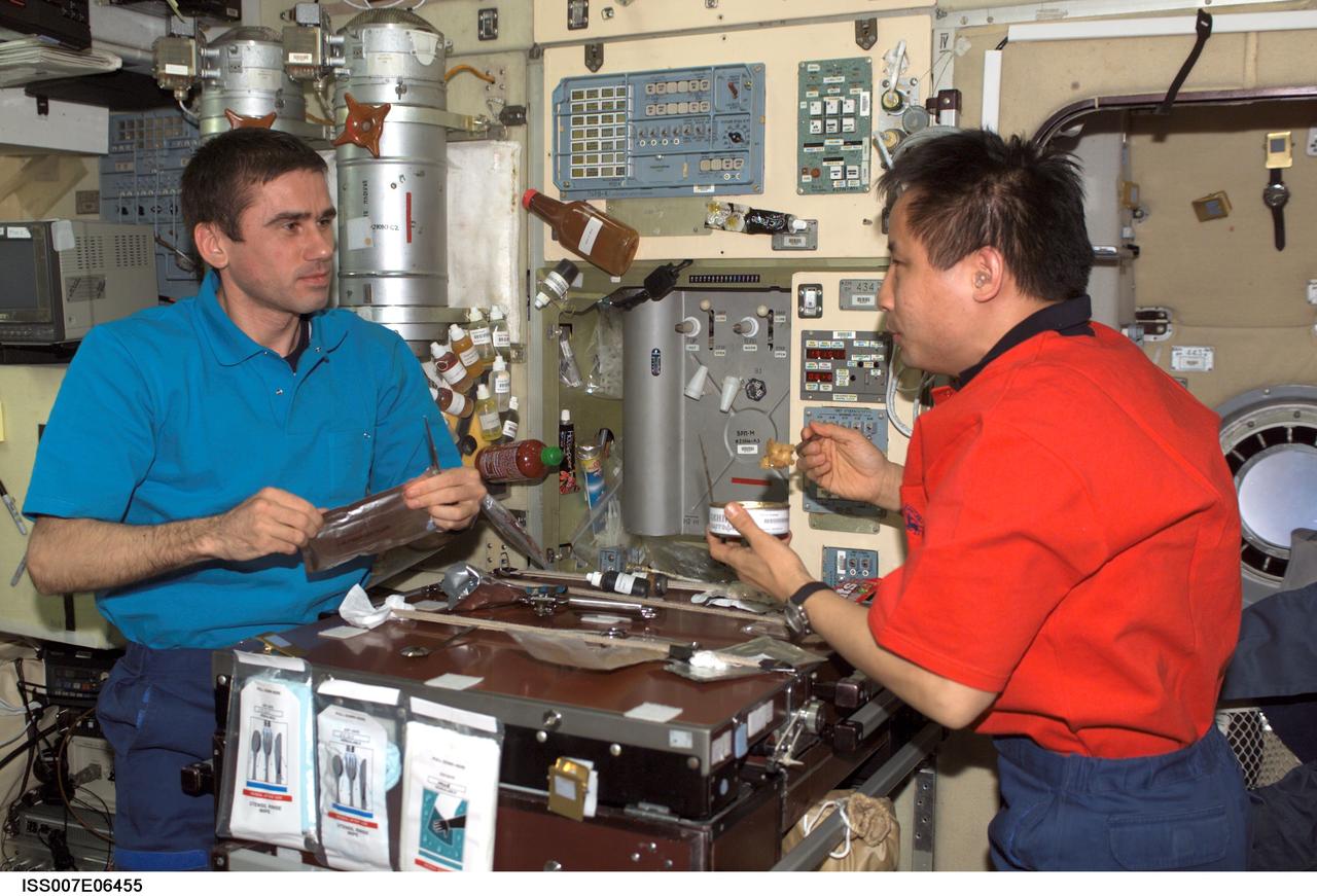 ISS007-E-06455 (7 June 2003) --- Cosmonaut Yuri I. Malenchenko (left), Expedition 7 mission commander, and astronaut Edward T. Lu, NASA ISS science officer and flight engineer, share a meal in the Zvezda Service Module on the International Space Station (ISS). Malenchenko represents Rosaviakosmos.