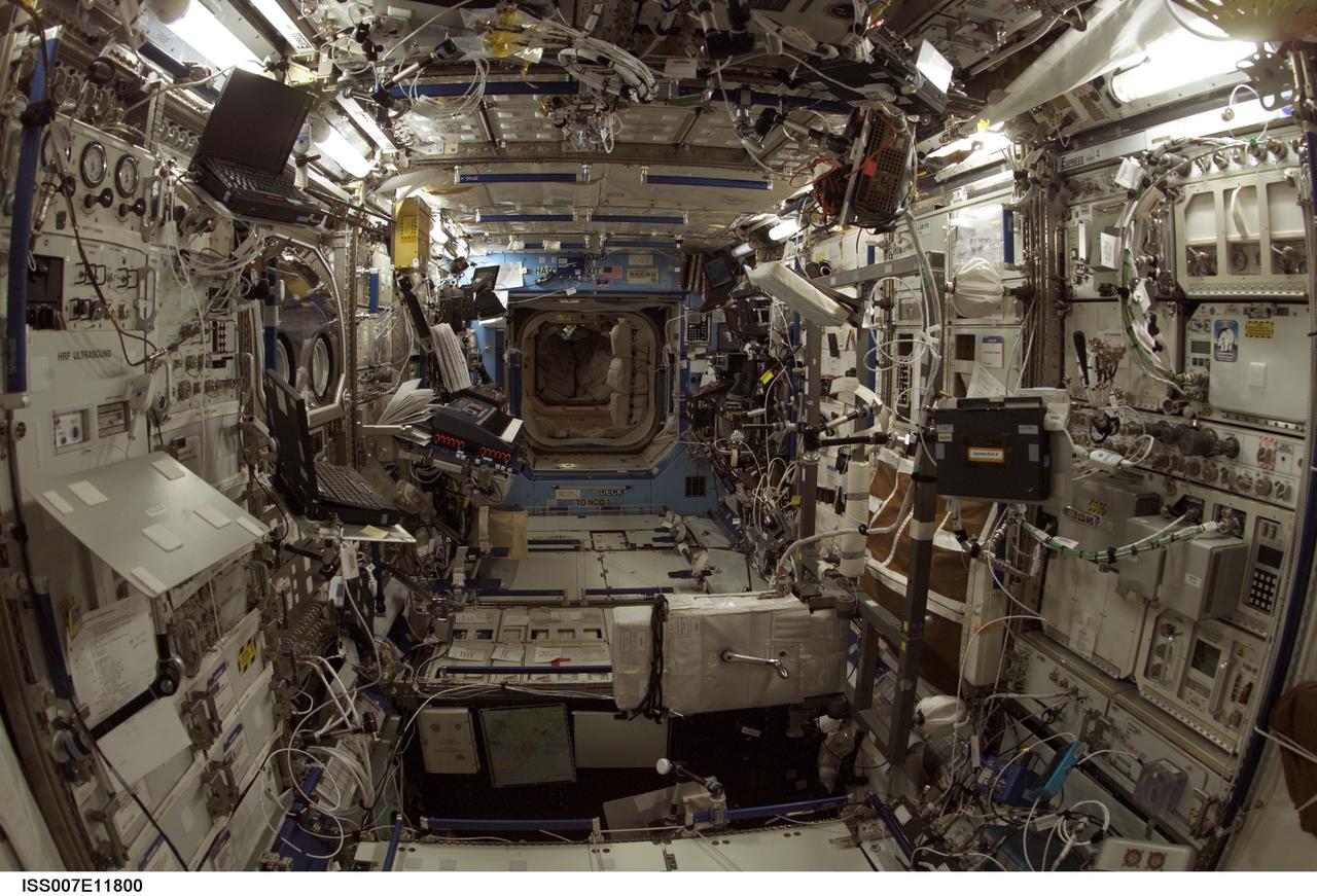 ISS007-E-11800 (3 August 2003) --- Interior view of the Destiny laboratory on the International Space Station (ISS) during the Expedition 7 mission.