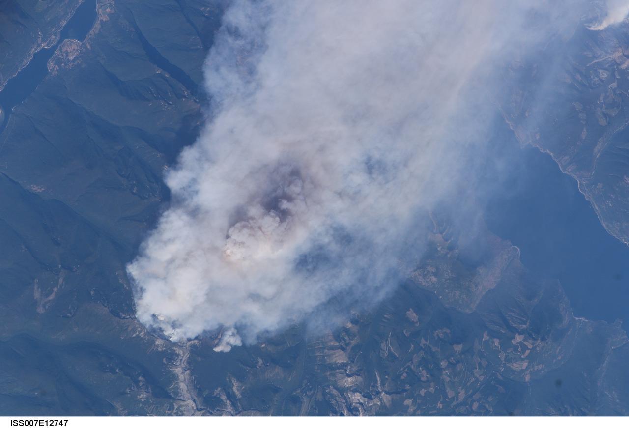 ISS007-E-12747 (14 August 2003) --- This view of forest fires in lower British Columbia, Canada was taken by one of the Expedition 7 crewmembers onboard the International Space Station (ISS).