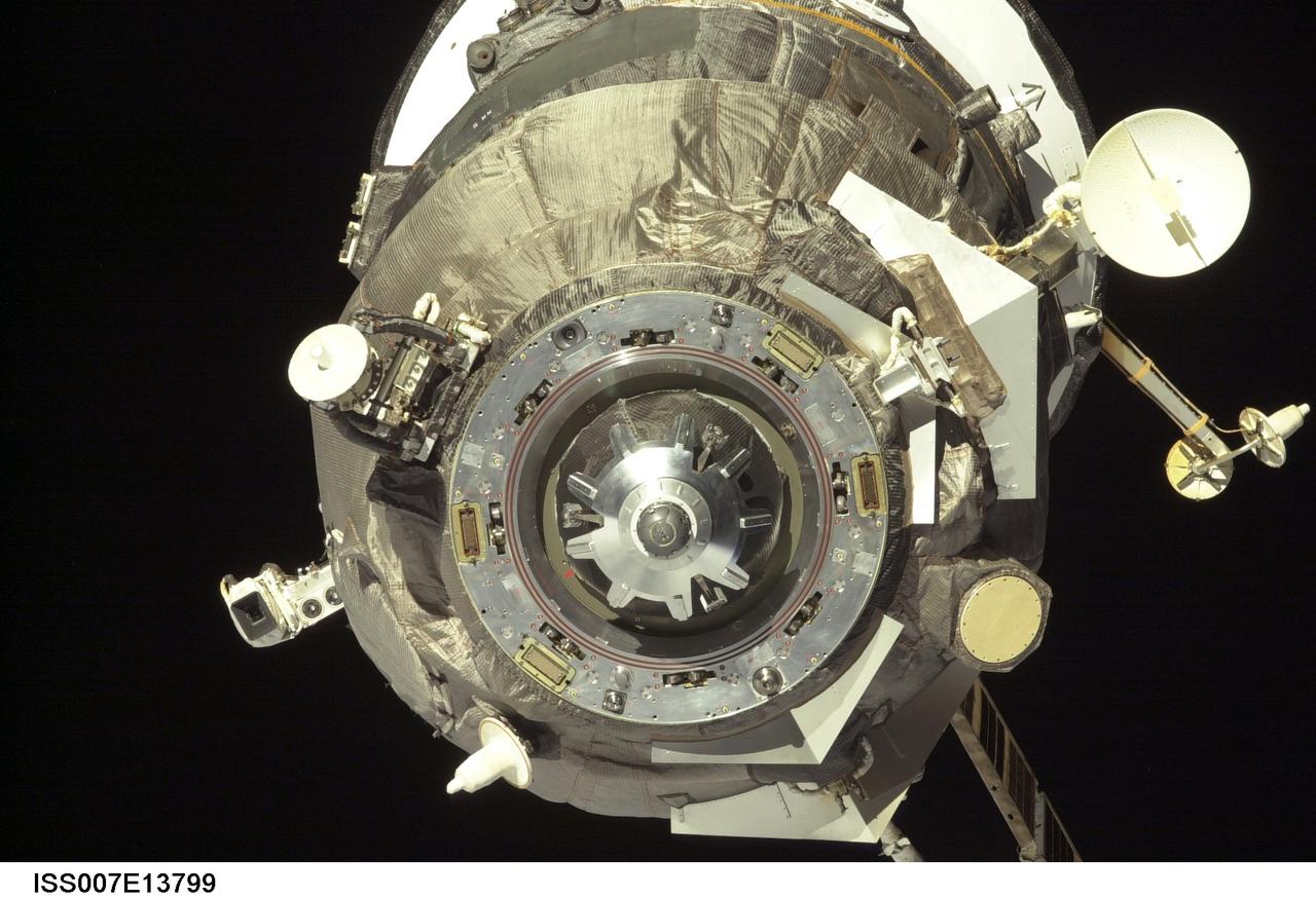 ISS007-E-13799 (30 August 2003) --- This close-up view of an unpiloted Progress supply vehicle was taken by one of the crewmembers onboard the International Space Station (ISS) as it approached the aft docking port (out of frame) on the Zvezda Service Module. The Progress 12 resupply craft, which launched from the Baikonur Cosmodrome in Kazakhstan at 8:48 p.m. (CDT) on August 28, 2003, carried nearly three tons of food, fuel, water, supplies and scientific gear for the Expedition 7 crew aboard the Station. The Progress linked up with the Station at 10:40 p.m. (CDT) on August 30, 2003 as the two spacecraft were flying over Central Asia at an altitude of 240 statute miles.