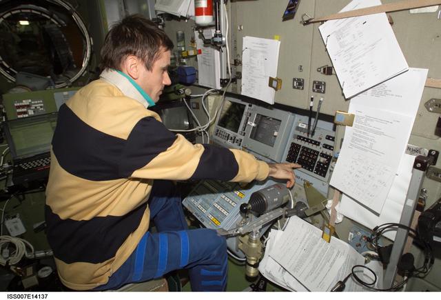 NASA image: Expedition Seven Malenchenko at Simvol-Ts controls in Zvezda module