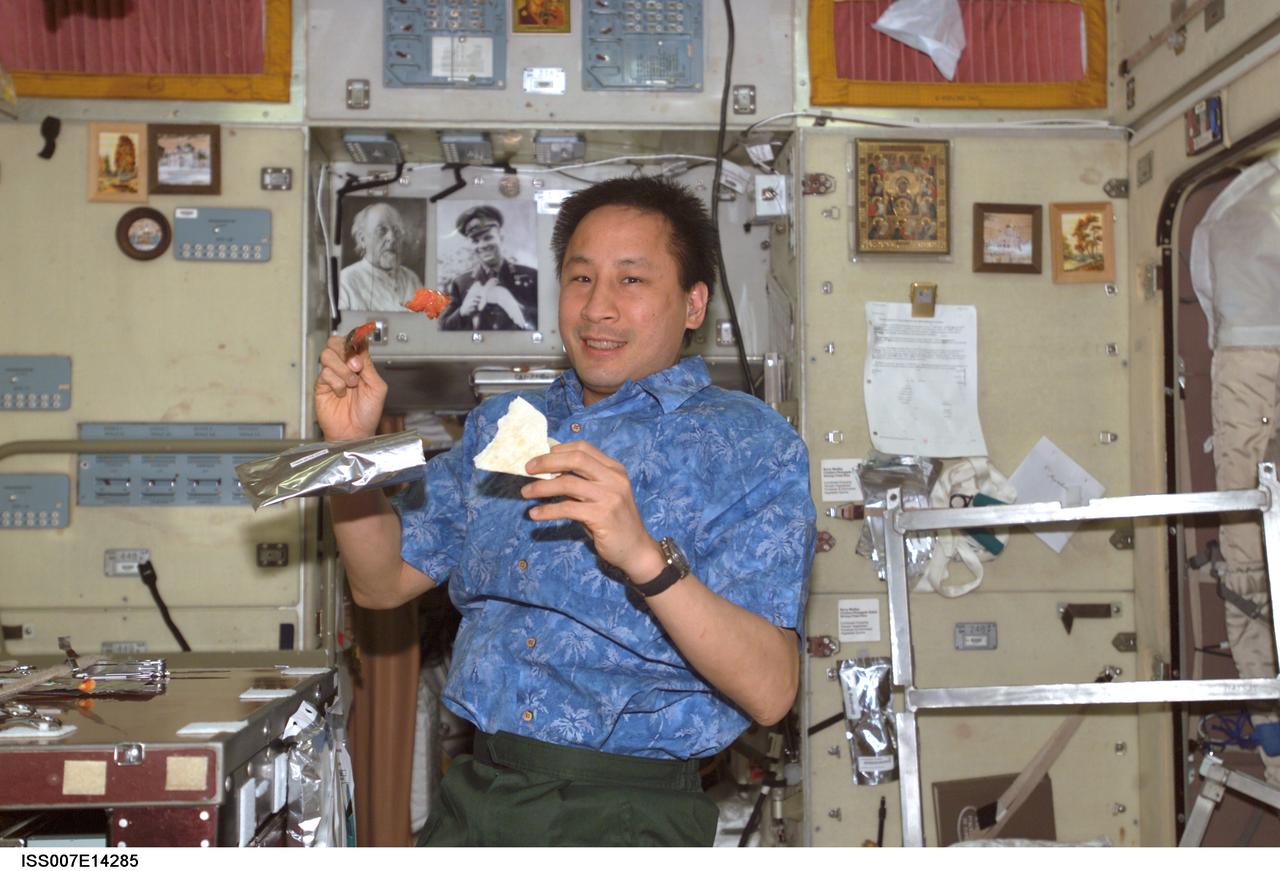 ISS007-E-14285 (1 September 2003) --- Astronaut Edward T. Lu, Expedition 7 NASA ISS science officer and flight engineer, eats a meal in the Zvezda Service Module on the International Space Station (ISS).