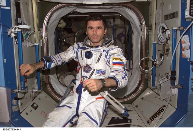 NASA image: Expedition Seven Malenchenko wearing Sokol pressure suit in Destiny laboratory