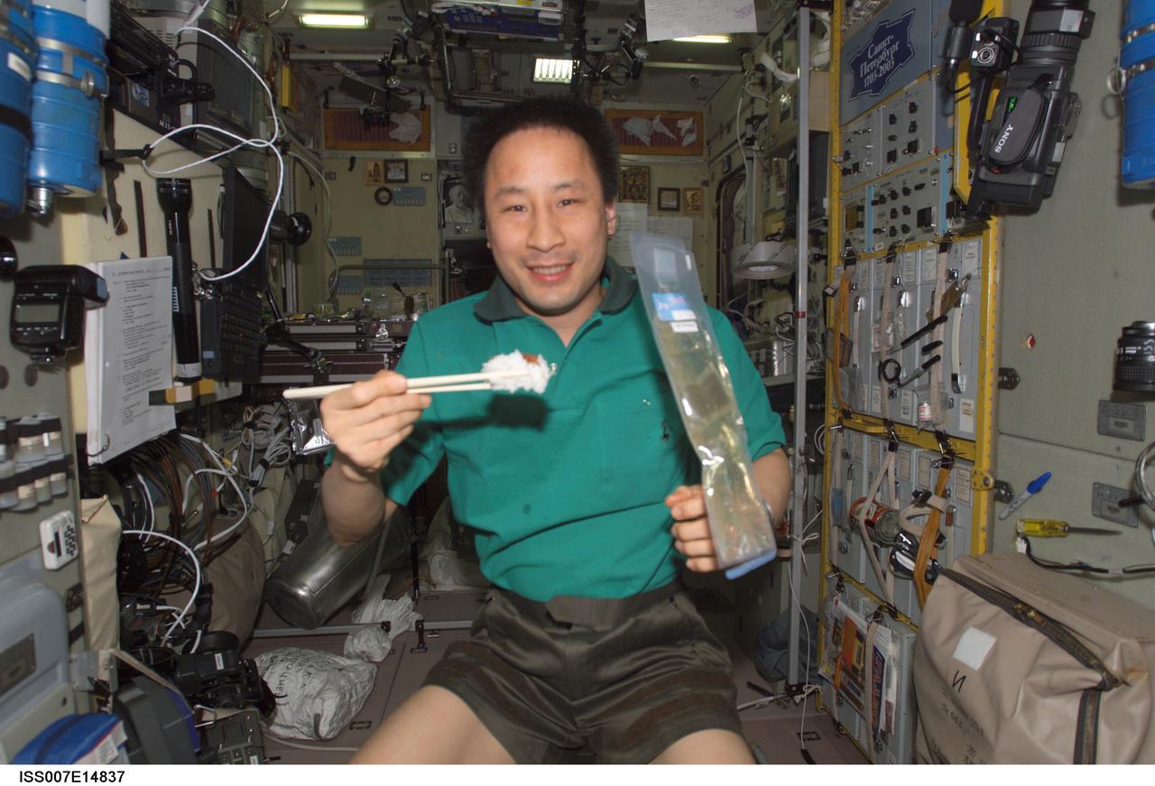 ISS007-E-14837 (12 September 2003) --- Astronaut Edward T. Lu, Expedition 7 NASA ISS science officer and flight engineer, uses chopsticks to eat in the Zvezda Service Module on the International Space Station (ISS).