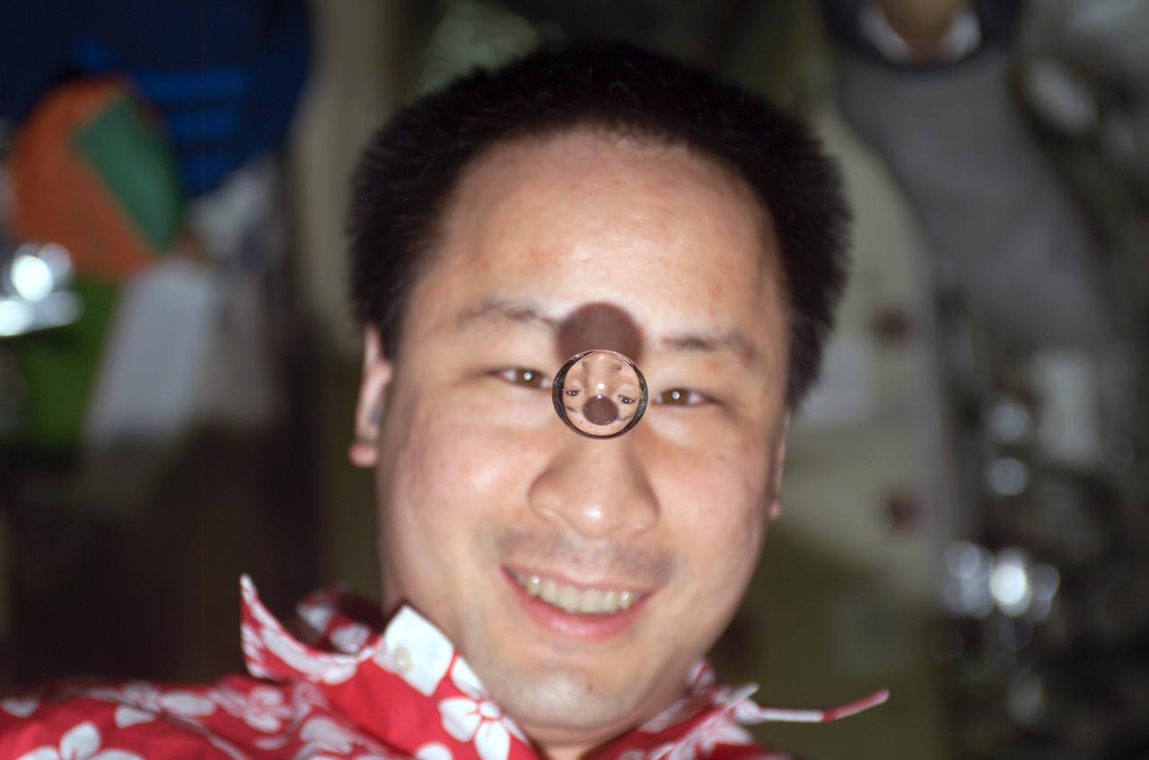 ISS007-E-17985 (2003) --- Astronaut Edward T. Lu, Expedition 7 NASA ISS science officer and flight engineer, watches a water bubble float between him and the camera, showing his image refracted, on the International Space Station (ISS).