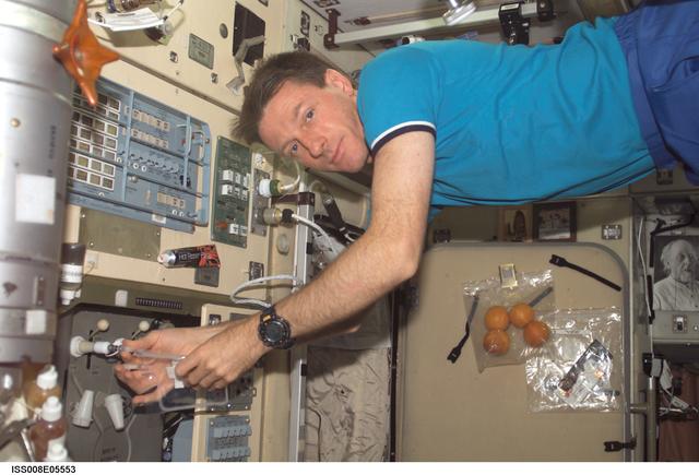 NASA image: Foale performs potable water analysis OPS in the SM during Expedition 8