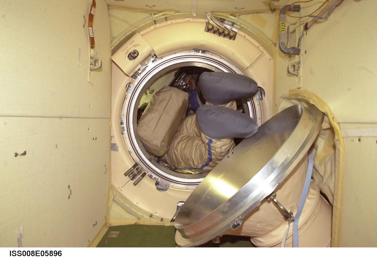 ISS008-E-05896 (November 2003) --- Cosmonaut Alexander Y. Kaleri, Expedition 8 flight engineer, attired in his Russian Orlan spacesuit, enters a Soyuz spacecraft from the Pirs Docking Compartment on the International Space Station (ISS). Kaleri represents Rosaviakosmos.