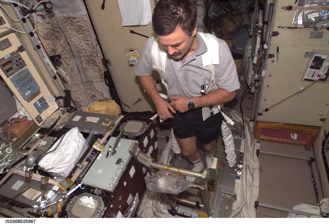 ISS008-E-05967 (23 November 2003) --- Cosmonaut Alexander Y. Kaleri, Expedition 8 flight engineer, performs in-flight maintenance (IFM) on the Treadmill Vibration Isolation System (TVIS) in the Zvezda Service Module on the International Space Station (ISS). Kaleri represents Rosaviakosmos.