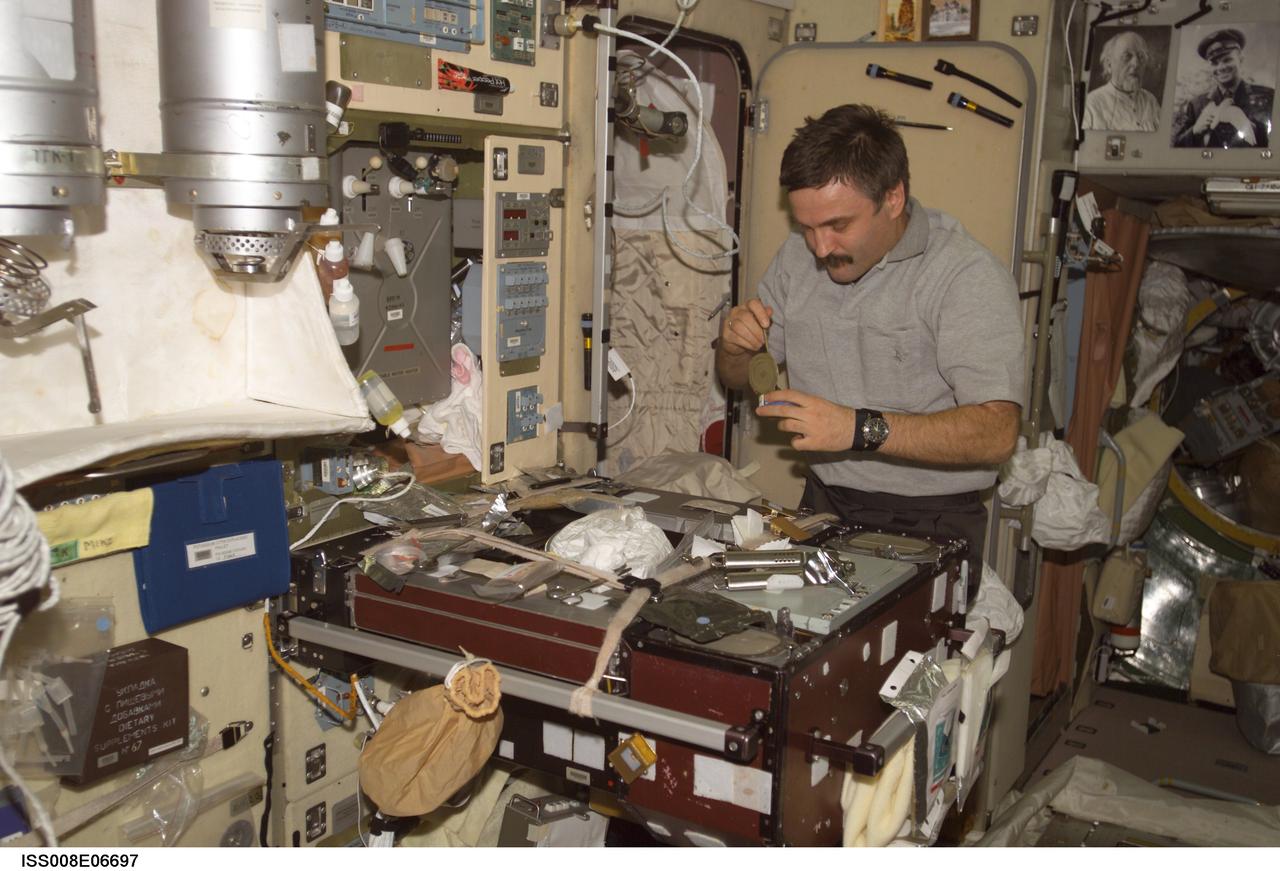 ISS008-E-06697 (1 December 2003) --- Cosmonaut Alexander Y. Kaleri, Expedition 8 flight engineer representing Rosaviakosmos, eats a meal in the Zvezda Service Module on the International Space Station (ISS).
