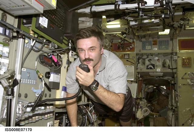 NASA image: Kaleri talks on the ARISS Ham Radio in the SM during Expedition 8