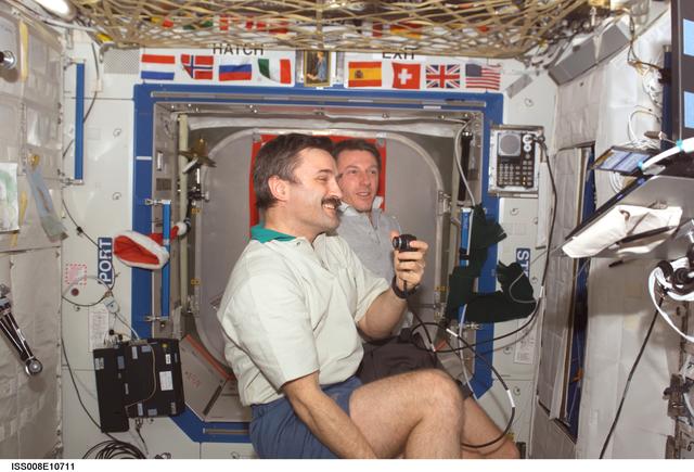 NASA image: Kaleri and Foale during telecon in the U.S. Lab during Expedition 8