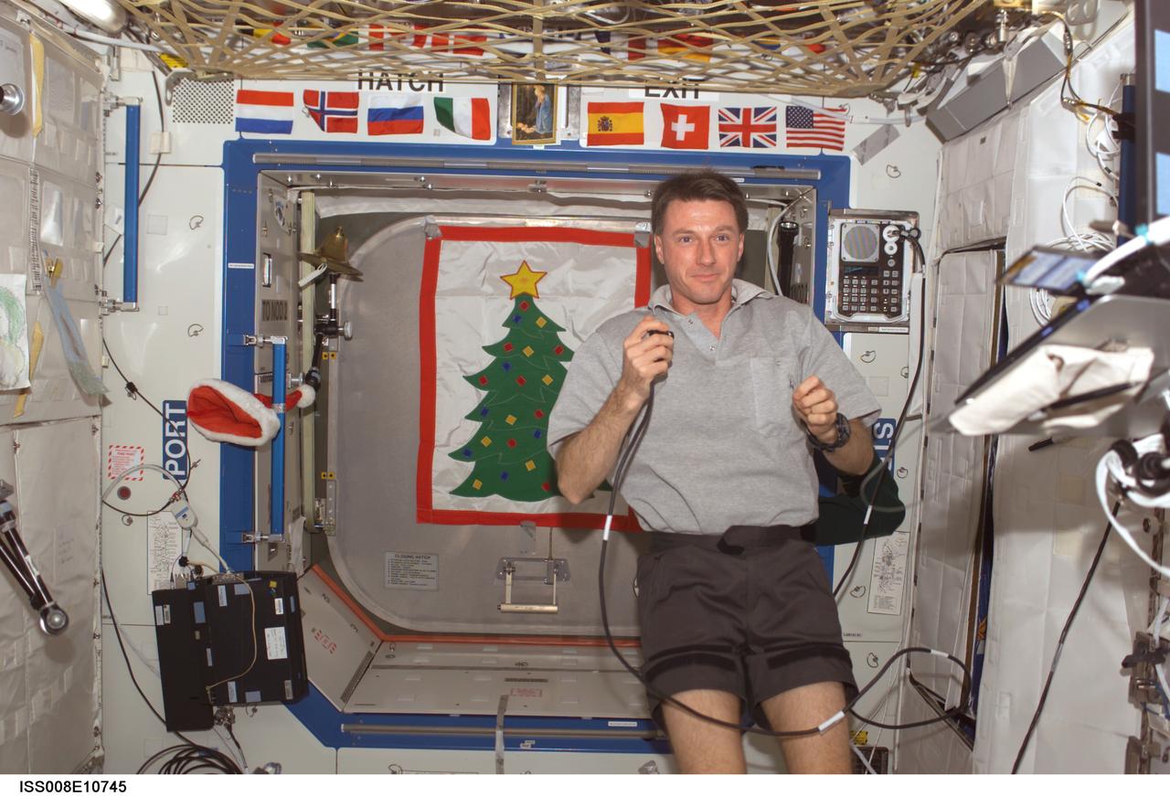 ISS008-E-10745 (28 December 2003) --- Astronaut C. Michael Foale, Expedition 8 mission commander and NASA ISS science officer, conducts a teleconference with the Moscow Support Group for the Russian New Year celebration, via Ku- and S-band, with audio and video relayed to the Mission Control Center (MCC) at Johnson Space Center (JSC). Holiday decorations are visible in the background.