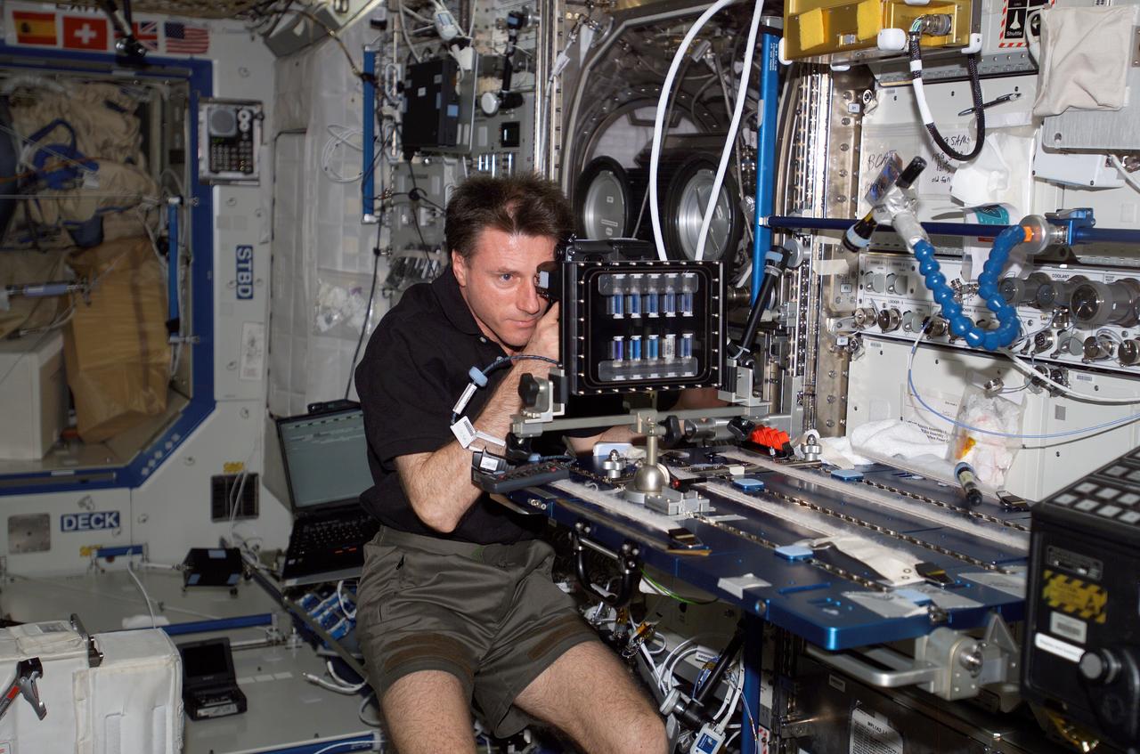 ISS008-E-20610 (5 April 2004) --- Astronaut C. Michael Foale, Expedition 8 commander and NASA ISS science officer, uses a digital still camera to photograph a Slow Growth Sample Module (SGSM) for the Binary Colloidal Alloy Test-3 (BCAT) experiment. The SGSM is on a mounting bracket attached to the Maintenance Work Area (MWA) table set up in the Destiny laboratory of the International Space Station (ISS).