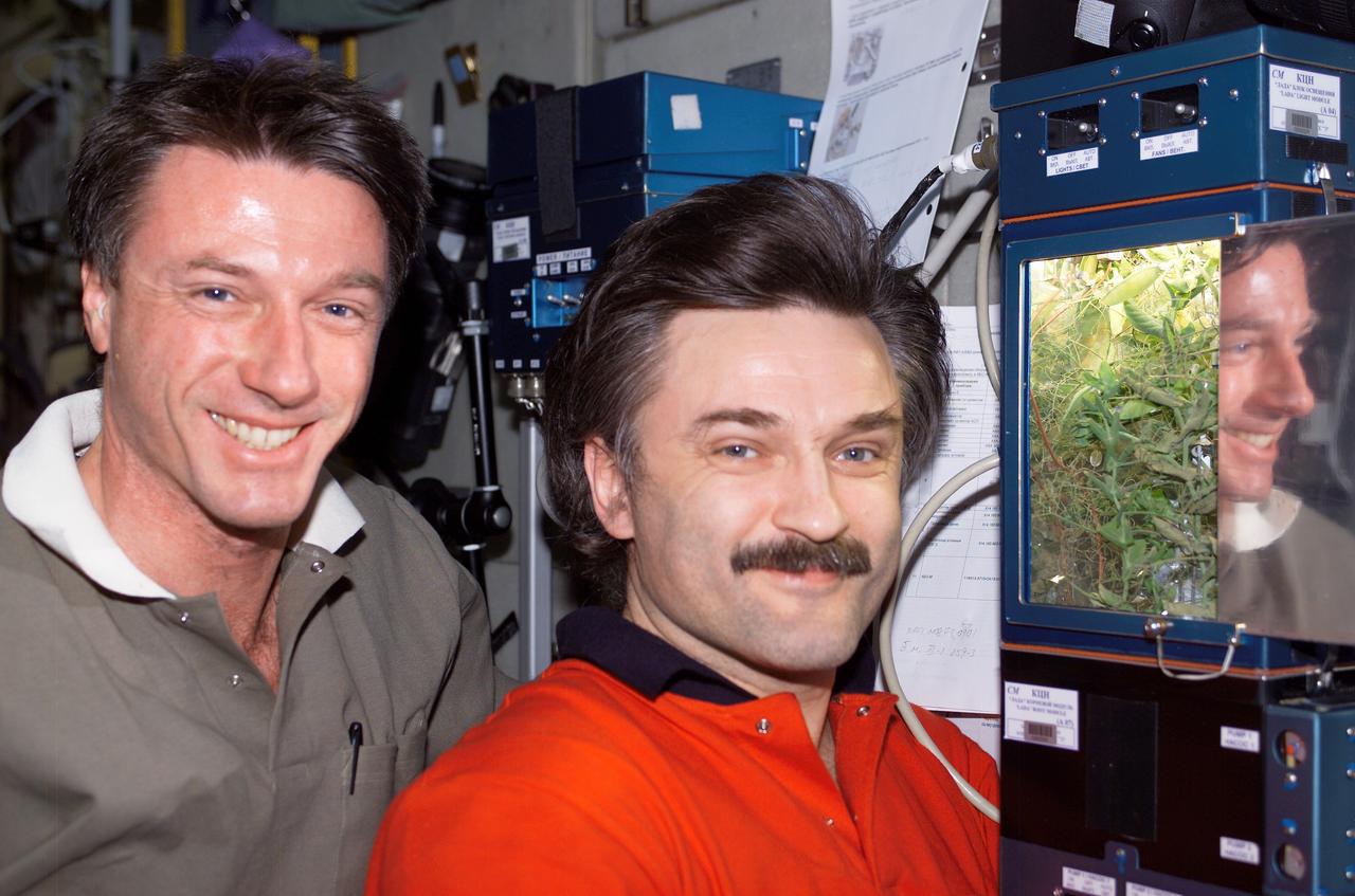 ISS008-E-21916 (12 April 2004)--- Astronaut C. Michael Foale (left), Expedition 8 commander and NASA ISS science officer; and Alexander Kaleri, Russia's Federal Space Agency flight engineer, pose beside the pea plants growing in the Lada-4 greenhouse as part of the BIO-5 Rasteniya-2 (Plants-2) experiment located in the Zvezda Service Module of the International Space Station.