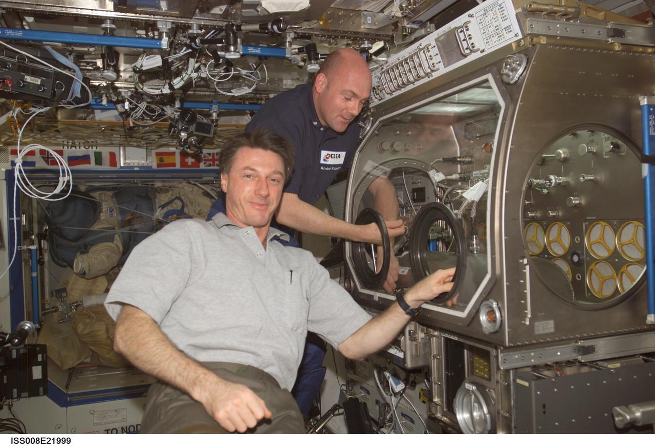 ISS008-E-21999 (22 April 2004) --- Astronaut C. Michael Foale (foreground), Expedition 8 commander and NASA ISS science officer, and European Space Agency (ESA) astronaut Andre Kuipers of the Netherlands work with the HEAT experiment in the Microgravity Science Glovebox (MSG) in the Destiny laboratory of the International Space Station (ISS). The main aim of the HEAT technology demonstration is the characterization of the heat transfer performance of a grooved heat pipe in weightlessness.