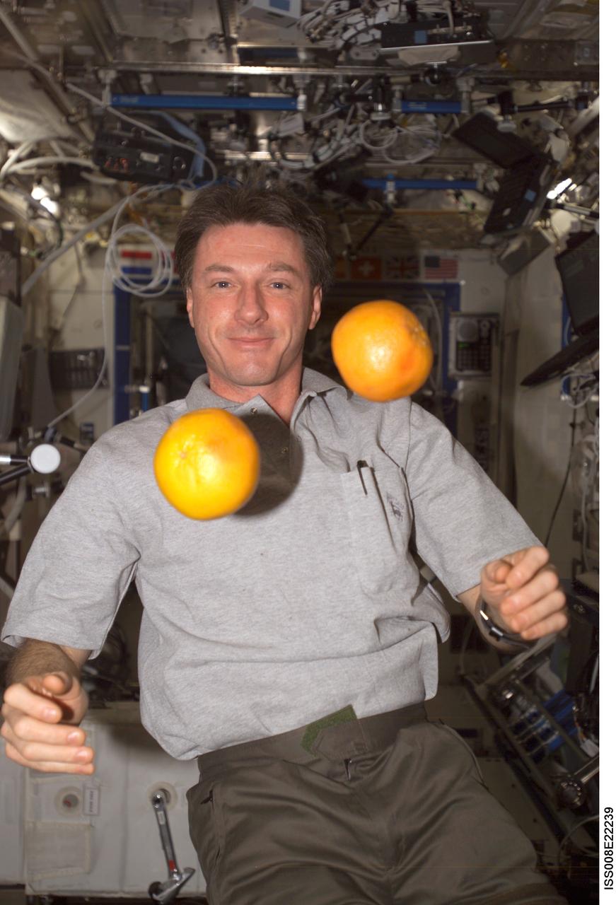 ISS008-E-22239 (22 April 2004) --- Astronaut C. Michael Foale, Expedition 8 commander and NASA ISS science officer, &#0147;juggles&#0148; fresh fruit in the Destiny laboratory of the International Space Station (ISS). The weightless environment of space proves to be an ideal location for some tasks not so easily accomplished in Earth&#0146;s gravity.