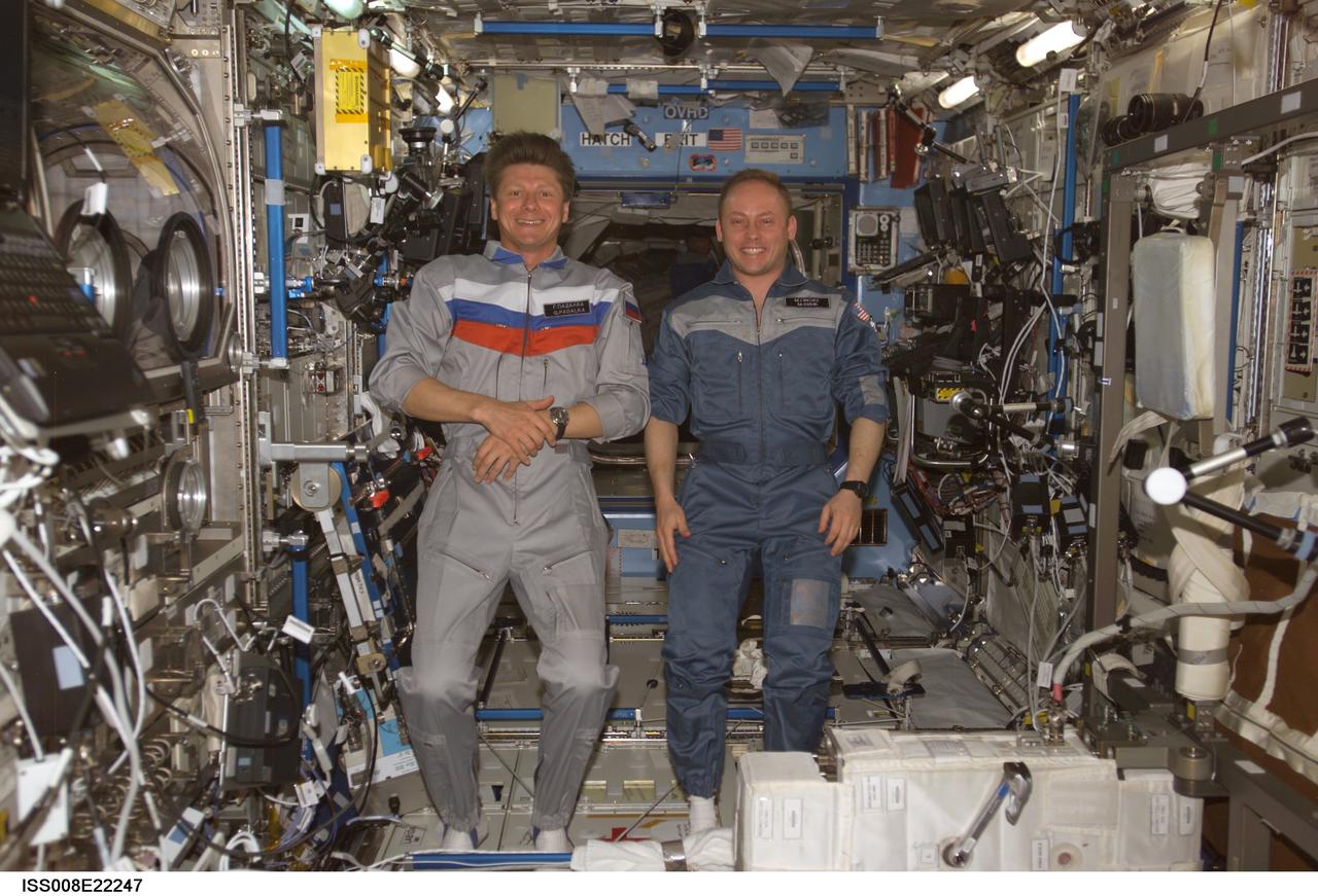 ISS008-E-22247 (23 April 2004) --- Cosmonaut Gennady I. Padalka (left), Expedition 9 commander, and astronaut Edward M. (Mike) Fincke, NASA ISS science officer and flight engineer, pose for a crew photo in the Destiny laboratory of the International Space Station (ISS). Padalka represents Russia’s Federal Space Agency.