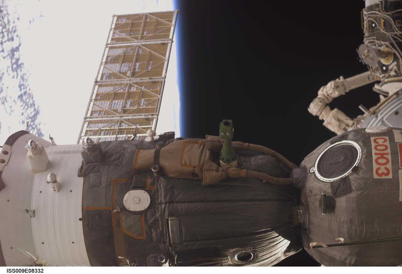 ISS009-E-08332 (24 May 2004) --- The blackness of space and Earth’s horizon provide the backdrop for this scene of the Soyuz TMA-4 spacecraft, docked to the Zarya functional cargo block (FGB) nadir port of the International Space Station (ISS). The scene was photographed by an Expedition 9 crewmember.